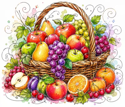 Watercolor Illustration Of A Fruit Basket