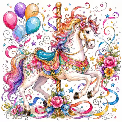 Whimsical Carousel Horse With Colorful Balloons And Flowers