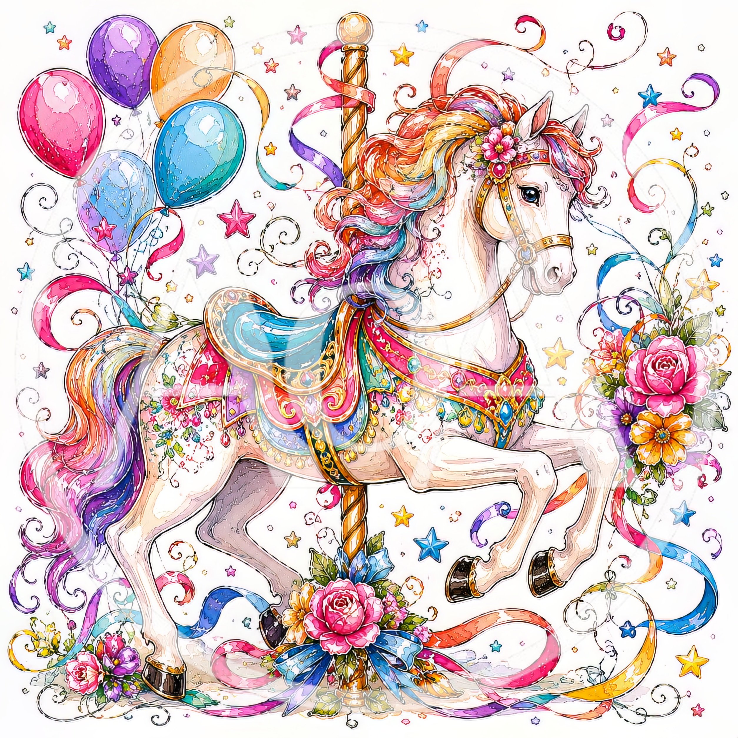 Whimsical Carousel Horse With Colorful Balloons And Flowers