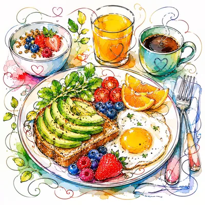 Watercolor Illustration Of A Healthy Breakfast Spread