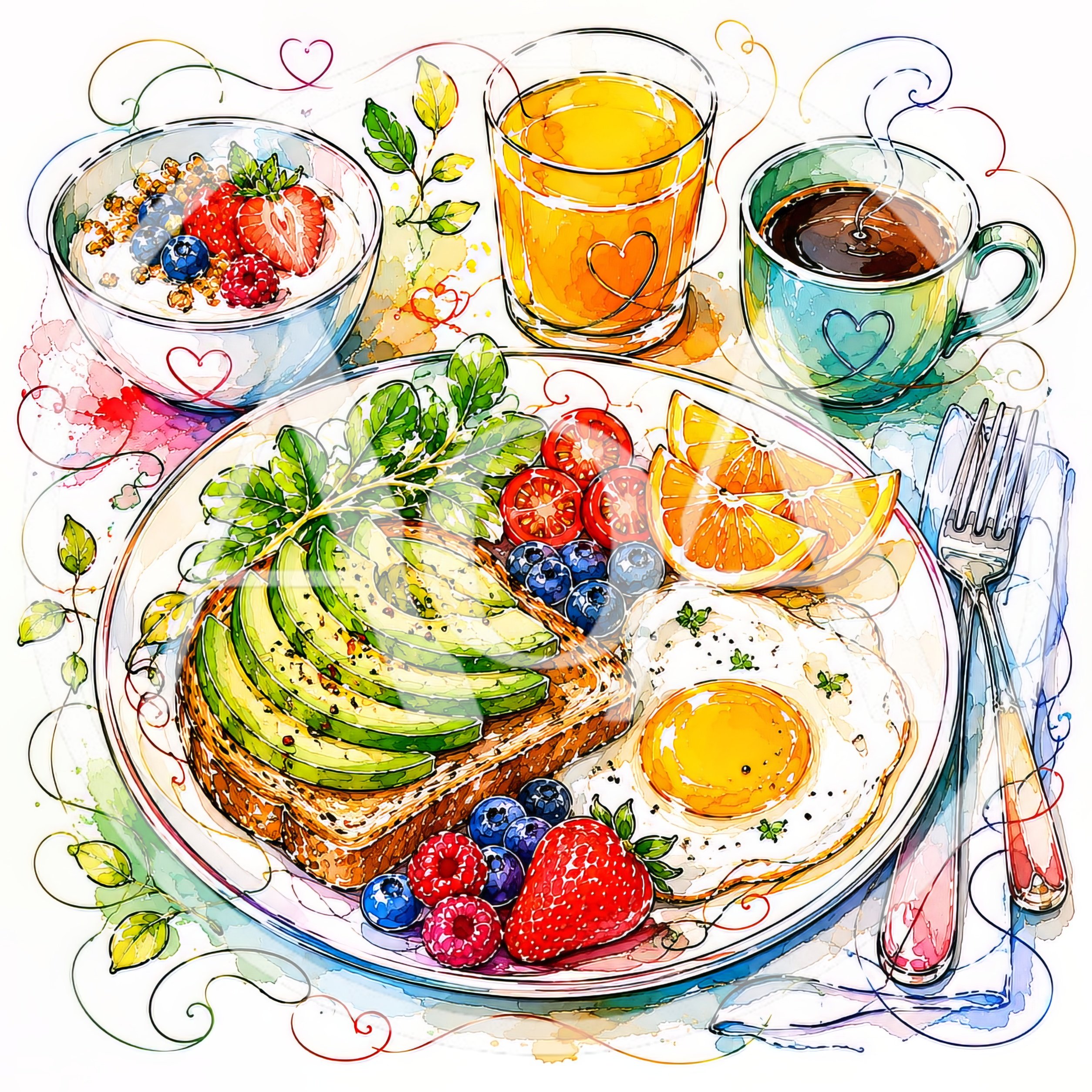 Watercolor Illustration Of A Healthy Breakfast Spread