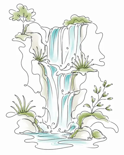 Minimalist Line Art Illustration Of A Cascading Waterfall