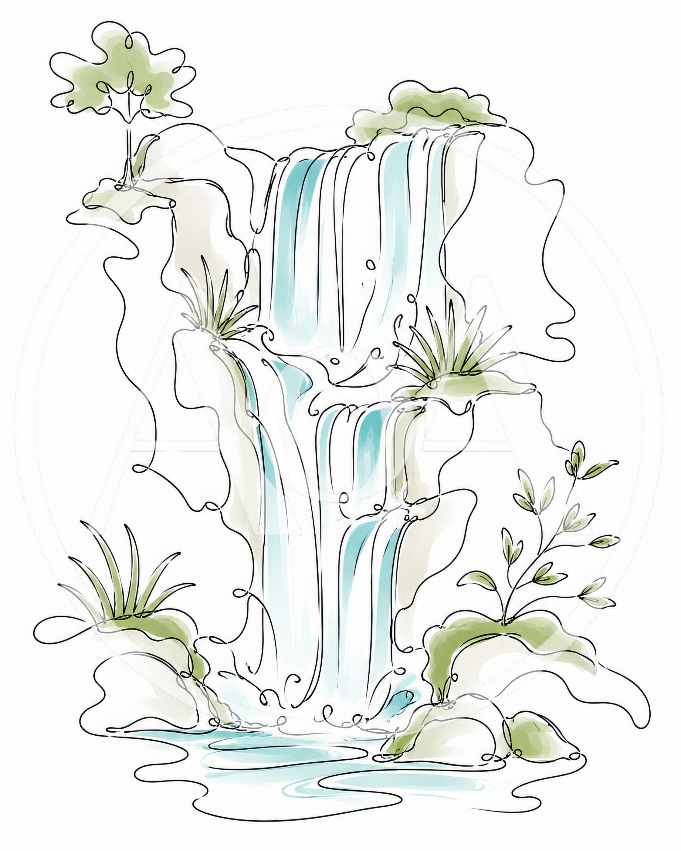 Minimalist Line Art Illustration Of A Cascading Waterfall