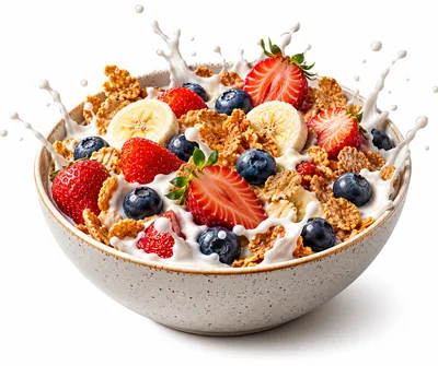 Bowl Of Cereal With Fresh Fruit And Milk Splash