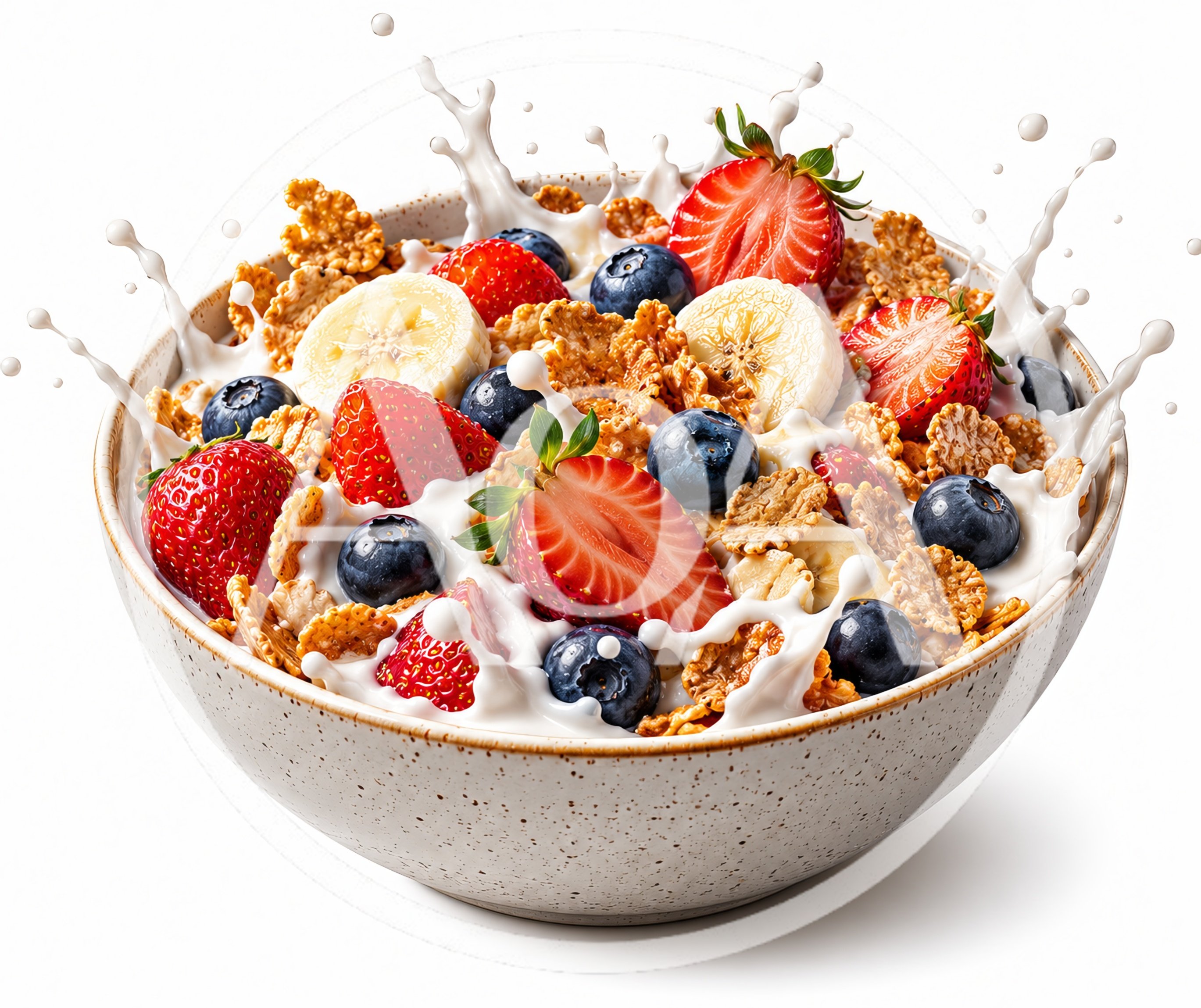 Bowl Of Cereal With Fresh Fruit And Milk Splash