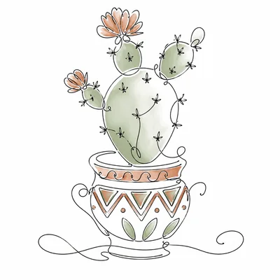 Minimalist Line Art Cactus In Decorative Pot