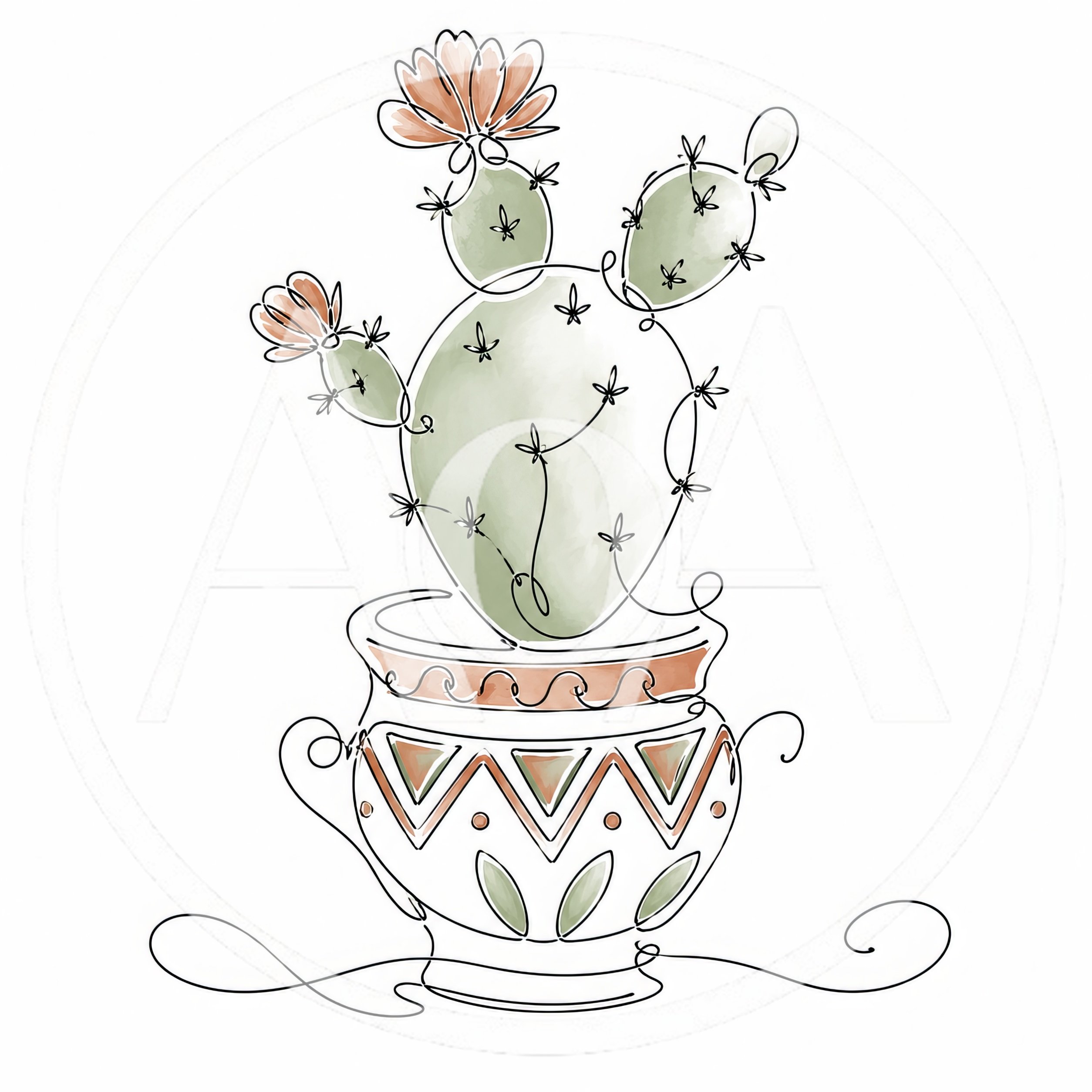 Minimalist Line Art Cactus In Decorative Pot