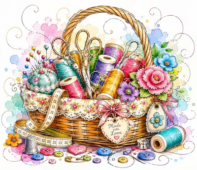 Watercolor Illustration Of A Sewing Basket With Craft Supplies
