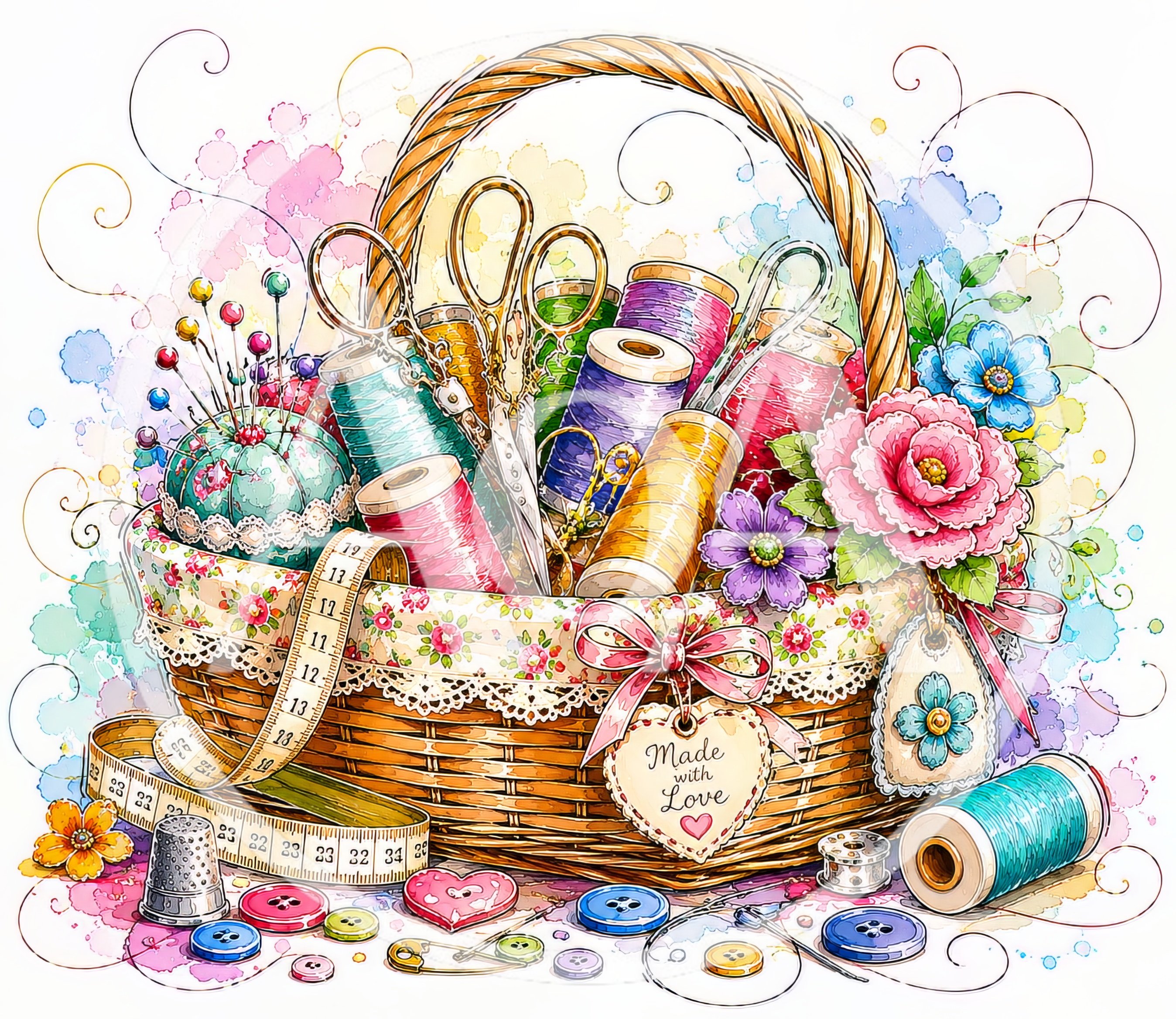 Watercolor Illustration Of A Sewing Basket With Craft Supplies