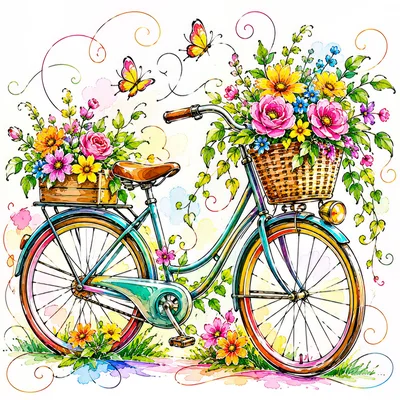 Watercolor Illustration Of A Bicycle With Flower Baskets