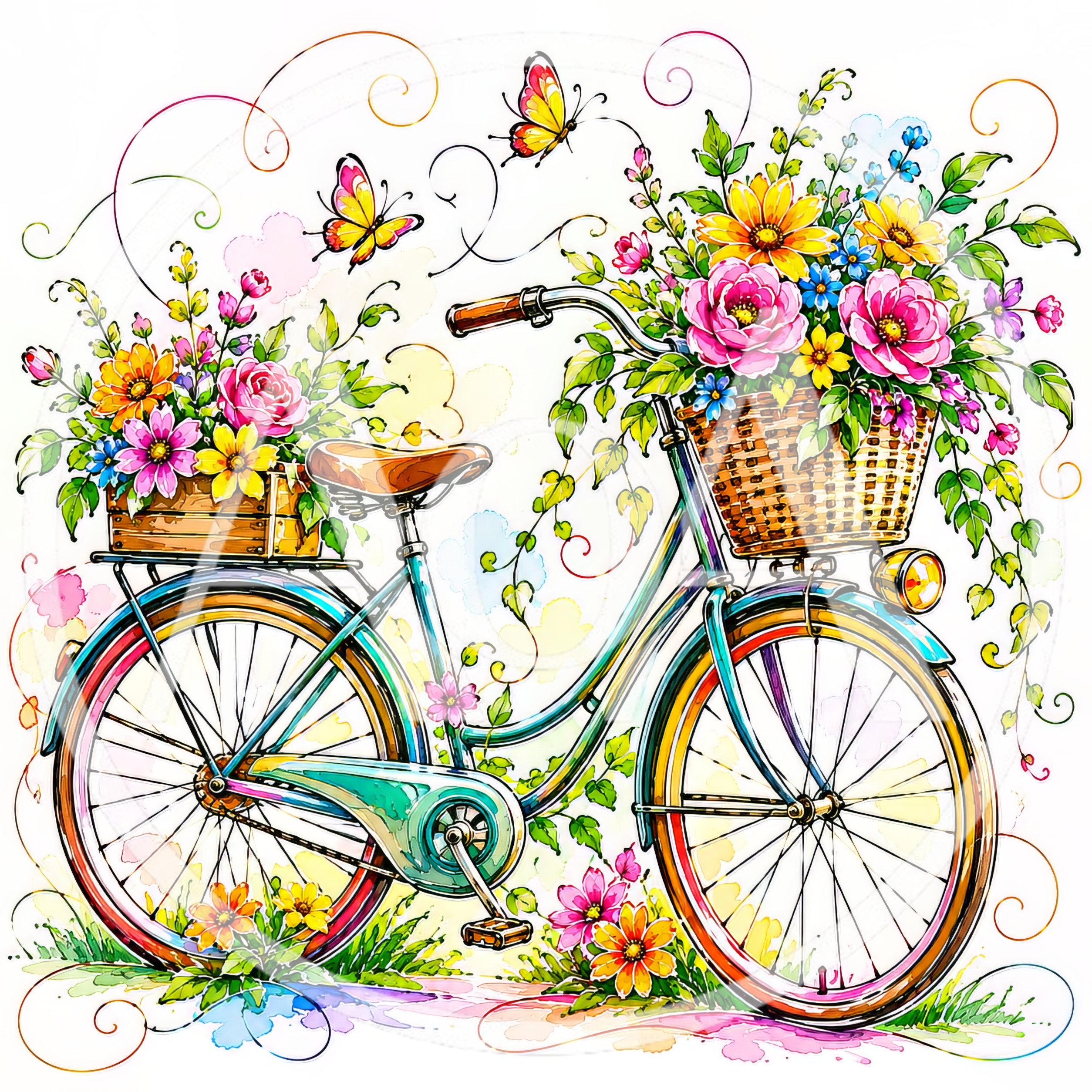 Watercolor Illustration Of A Bicycle With Flower Baskets