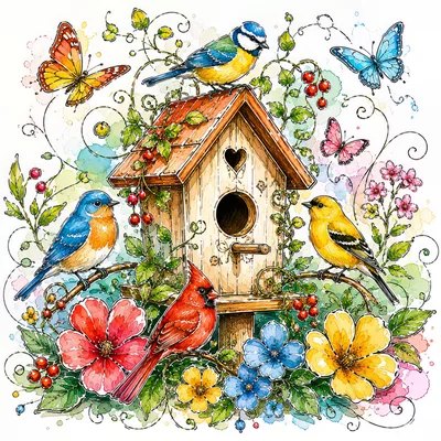 Watercolor Illustration of Birds and Butterflies Around Birdhouse