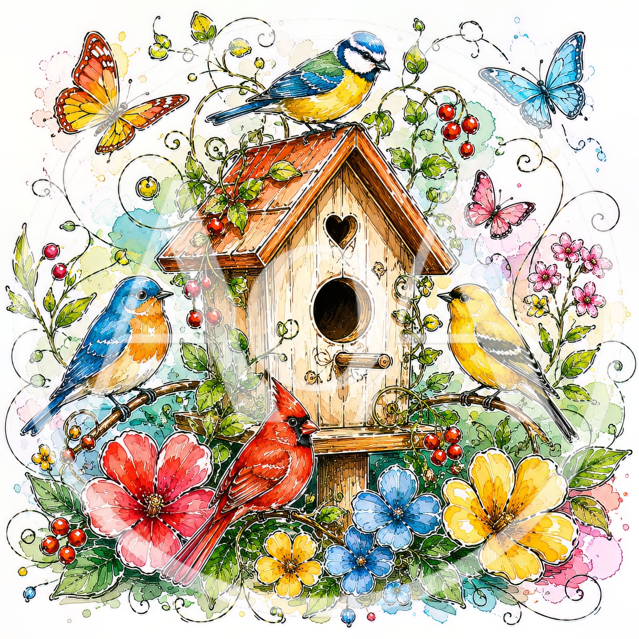 Watercolor Illustration of Birds and Butterflies Around Birdhouse
