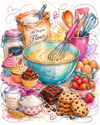 Watercolor Illustration of Baking Ingredients and Tools