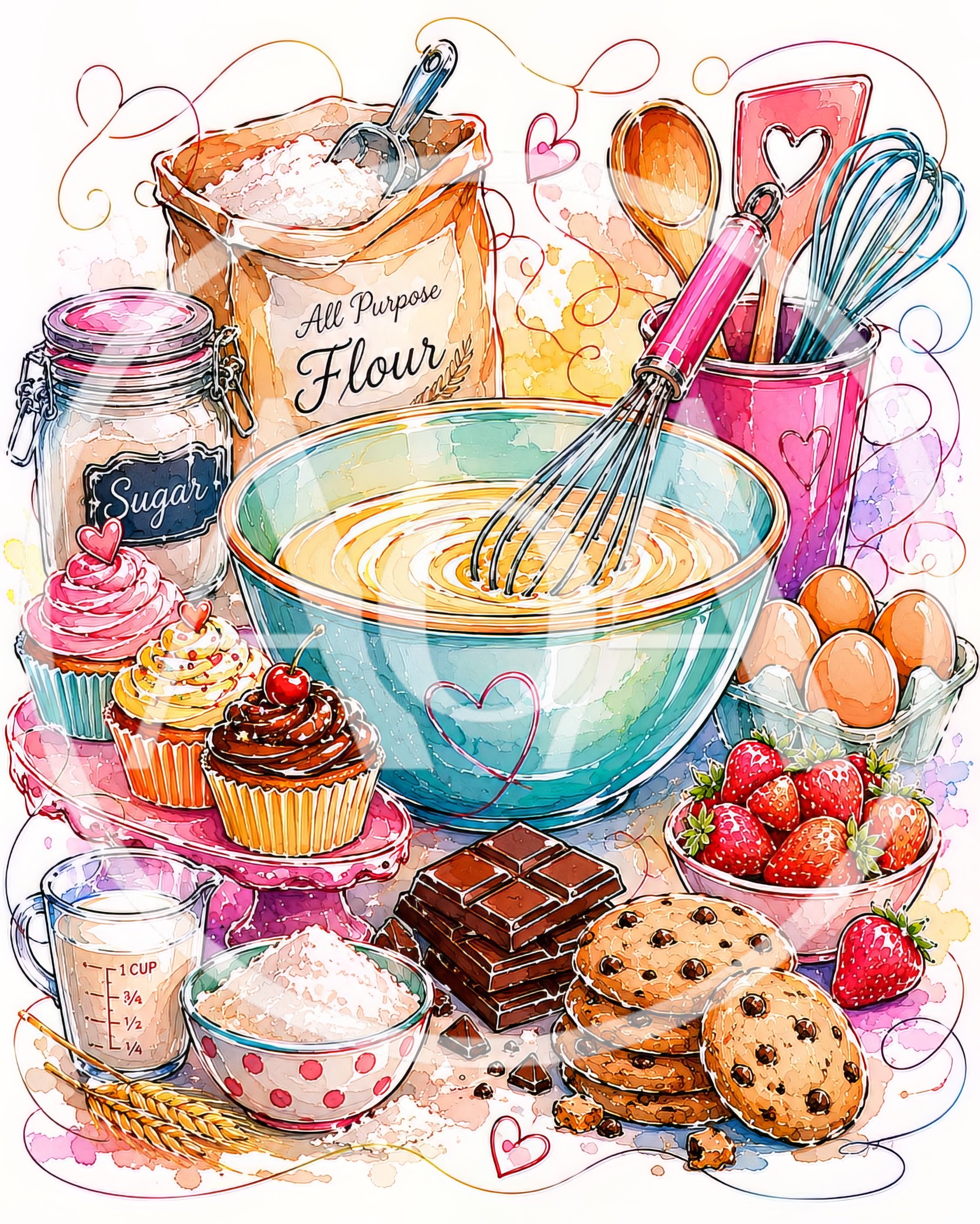 Watercolor Illustration of Baking Ingredients and Tools