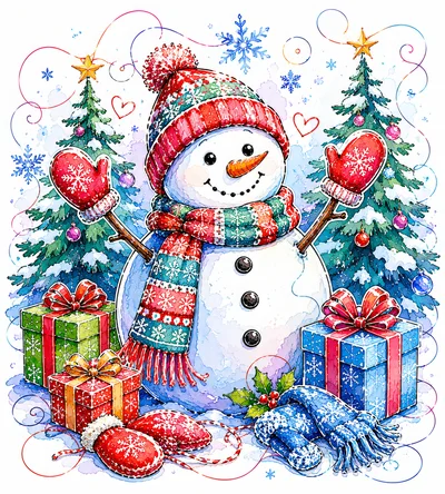 Cheerful Snowman With Christmas Gifts And Decorated Trees