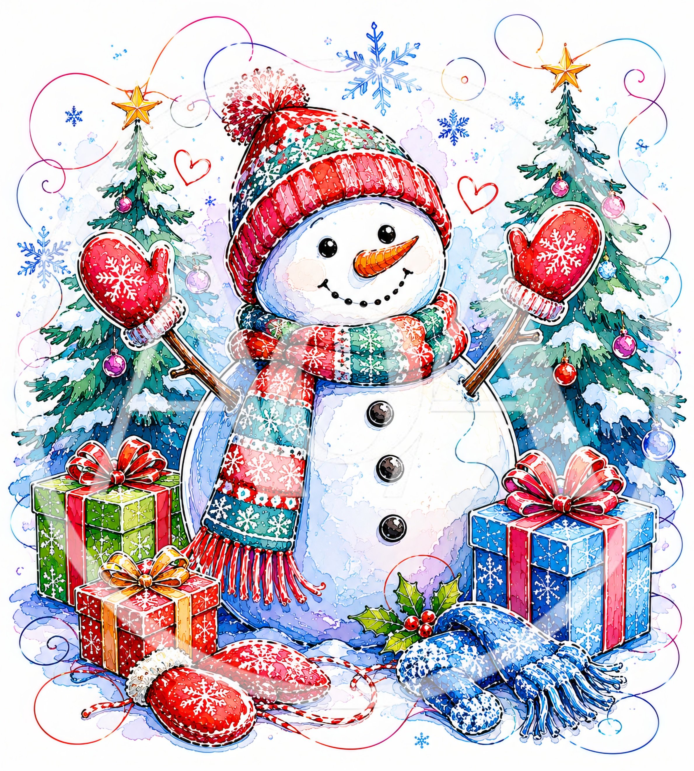 Cheerful Snowman With Christmas Gifts And Decorated Trees