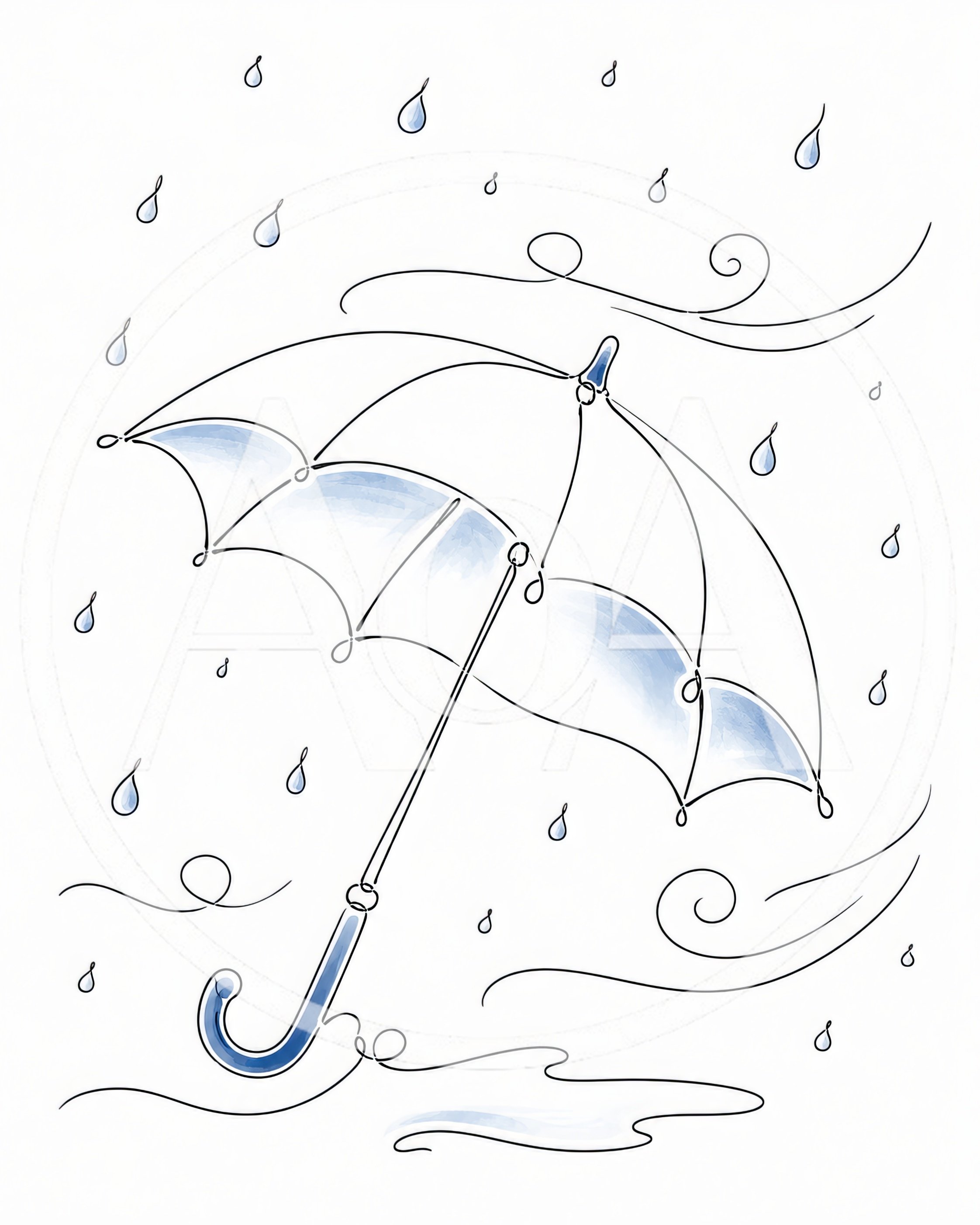 Minimalist Line Art Illustration Of An Umbrella In Rain