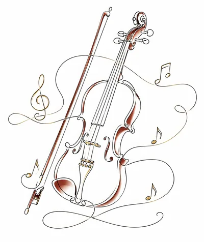 Continuous Line Drawing Of A Violin And Musical Notes