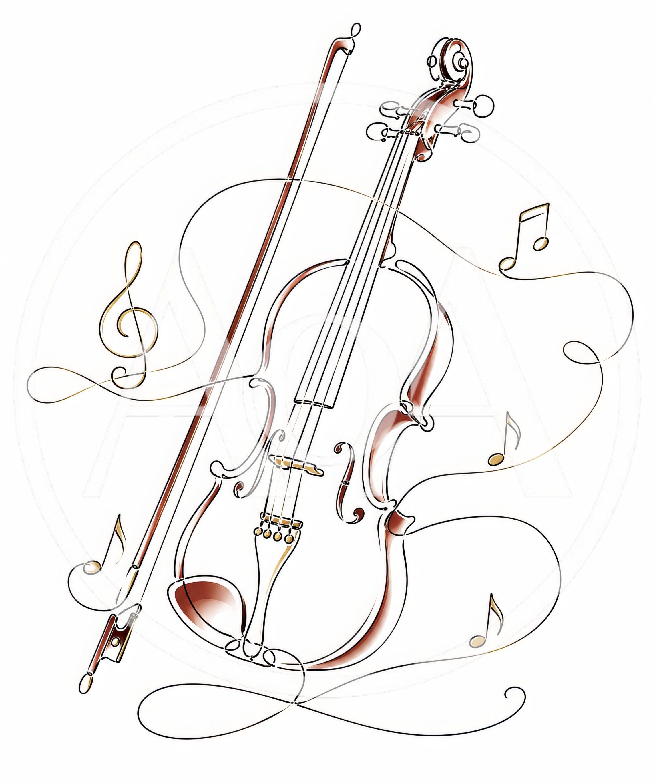 Continuous Line Drawing Of A Violin And Musical Notes