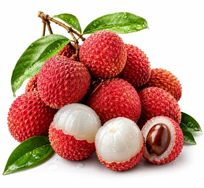 Fresh Lychee Fruits With Leaves On White Background