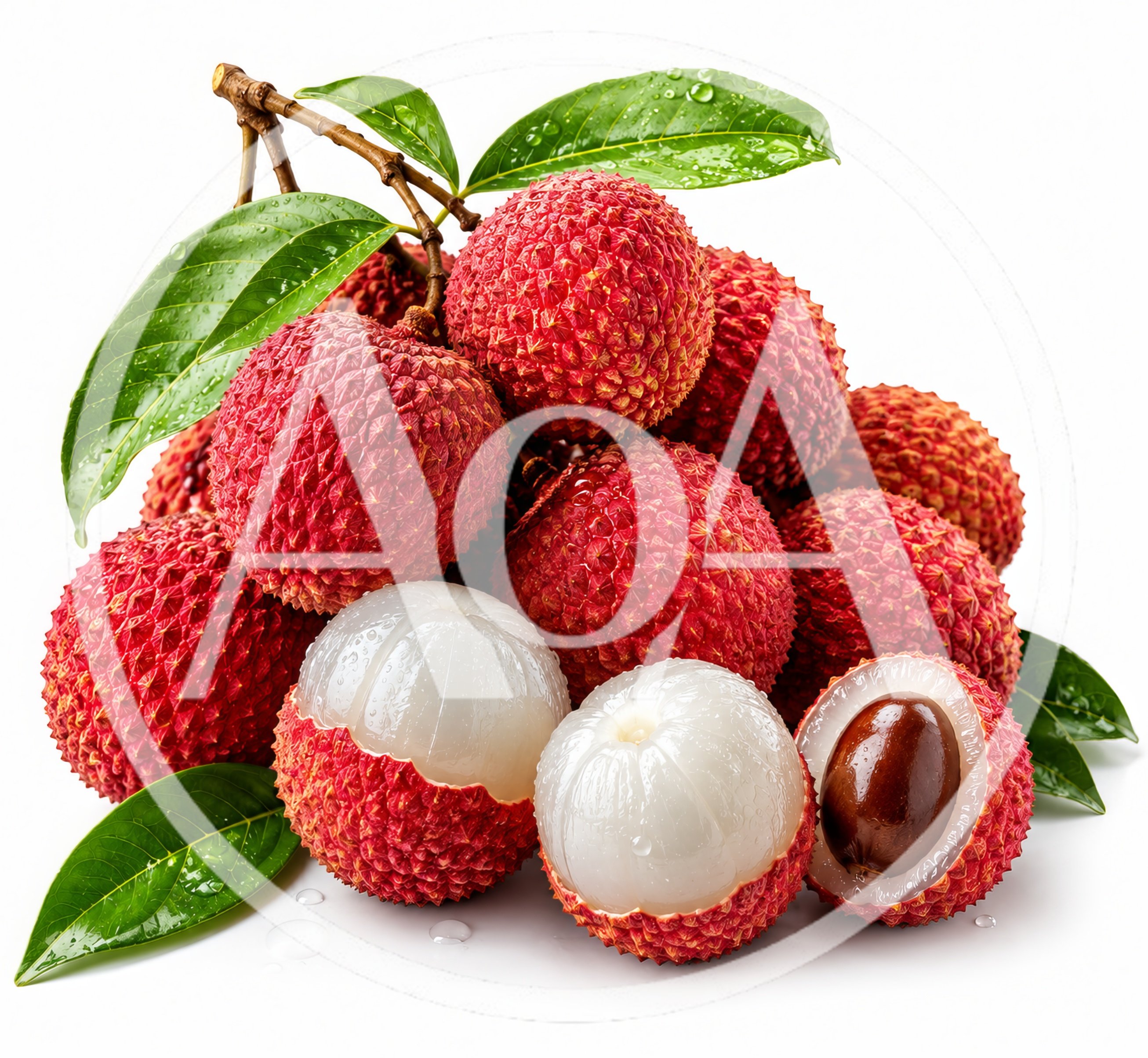 Fresh Lychee Fruits With Leaves On White Background