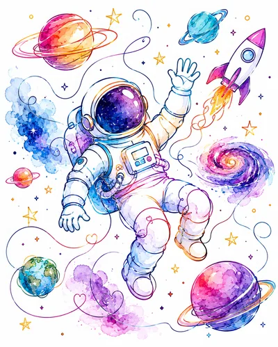 Watercolor Illustration of an Astronaut Floating in Space