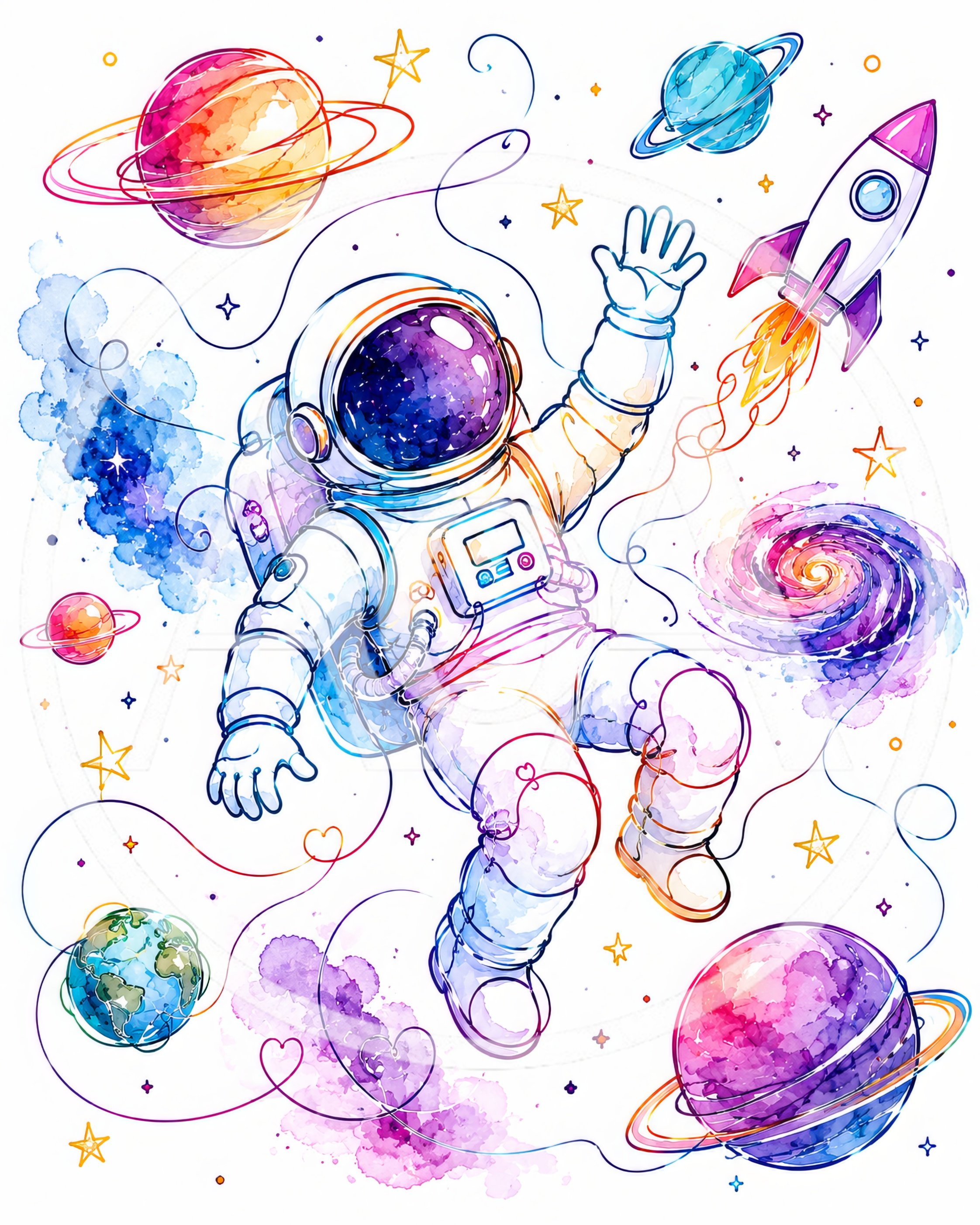 Watercolor Illustration of an Astronaut Floating in Space