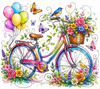 Whimsical Bicycle With Flowers And Balloons Illustration