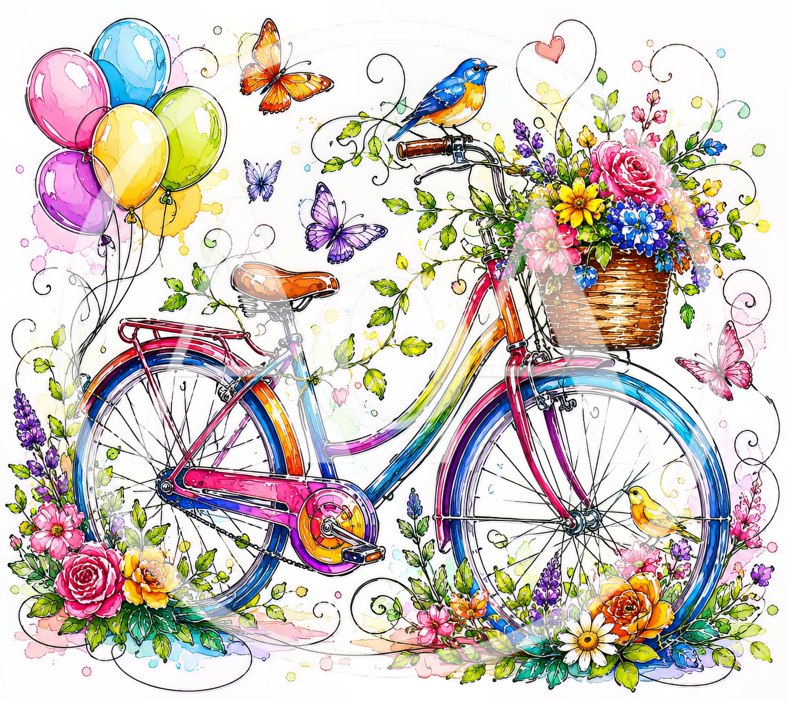 Whimsical Bicycle With Flowers And Balloons Illustration