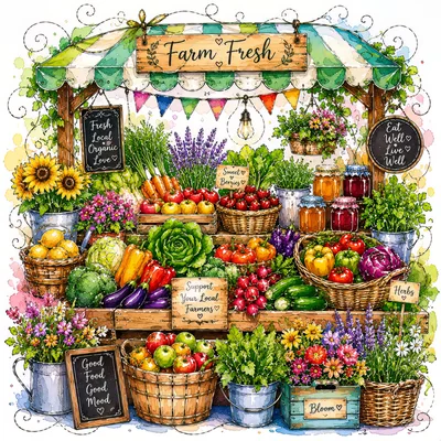 Watercolor Illustration Of A Vibrant Farm Fresh Market Stall