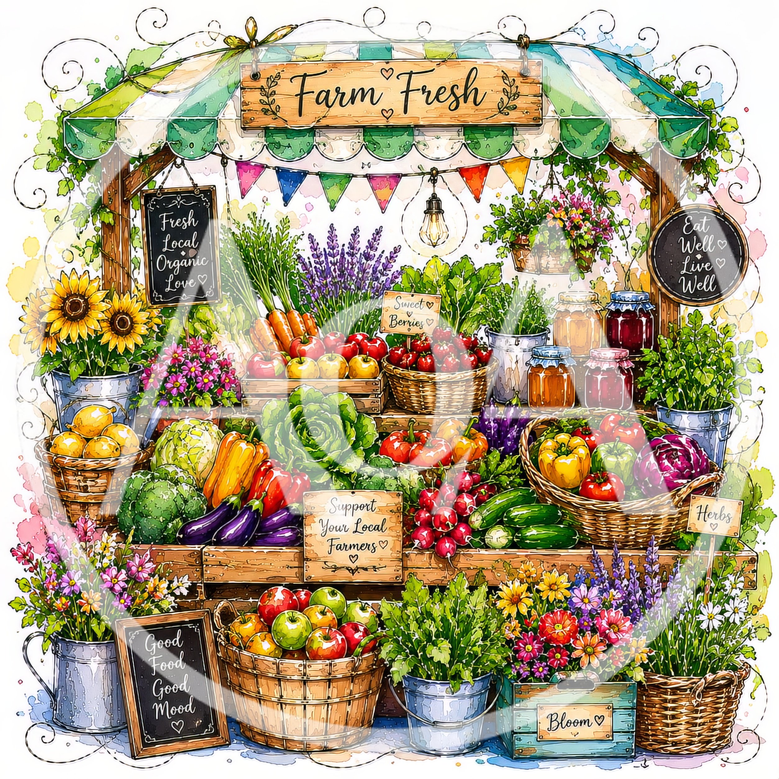 Watercolor Illustration Of A Vibrant Farm Fresh Market Stall
