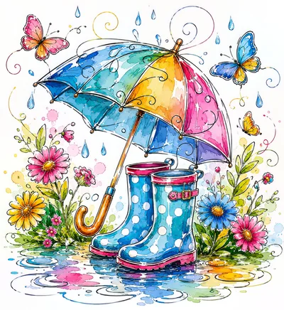 Watercolor Illustration of Rain Boots and Umbrella