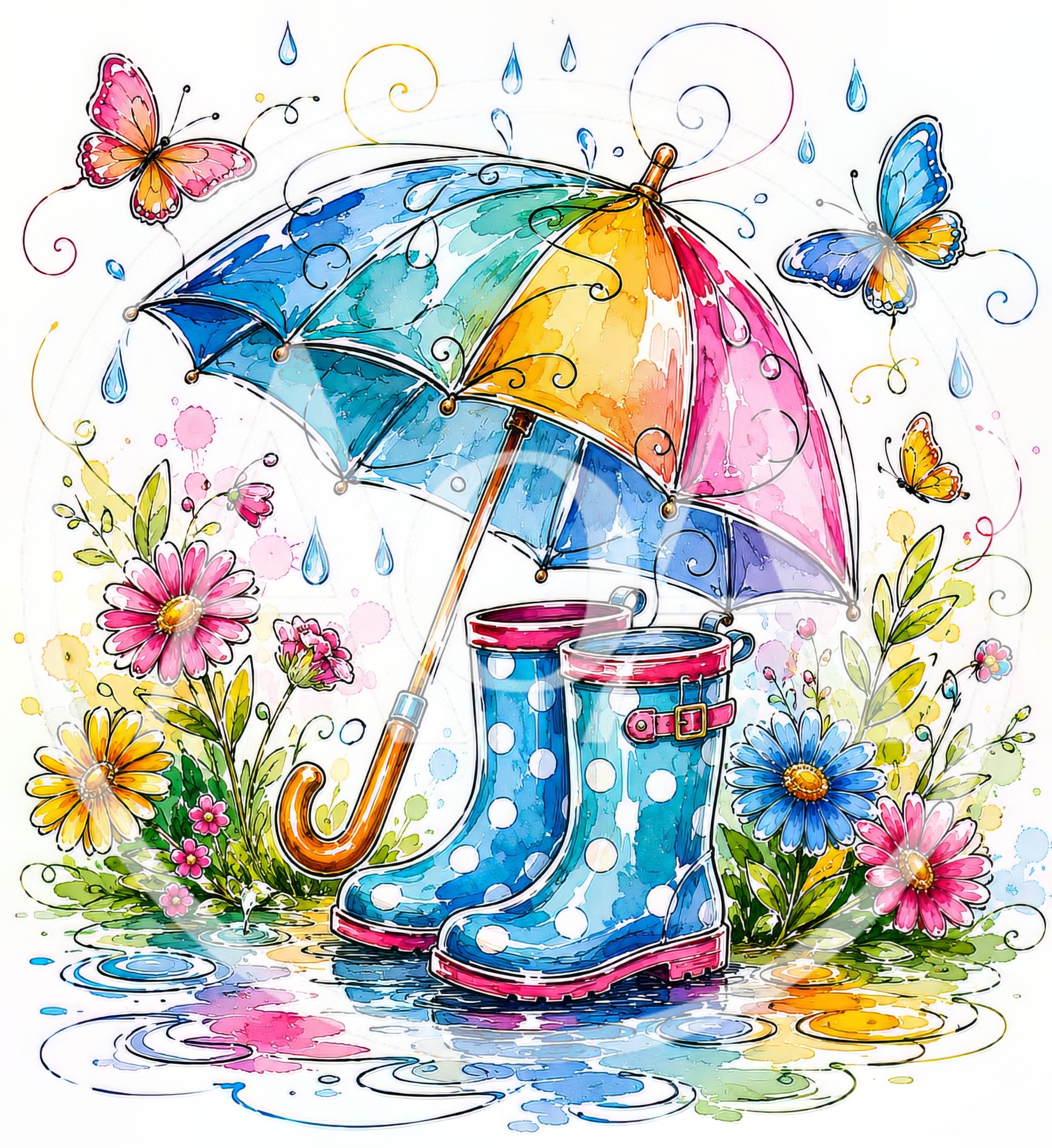 Watercolor Illustration of Rain Boots and Umbrella