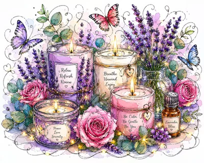 Watercolor Illustration of Aromatherapy Candles and Lavender Flowers