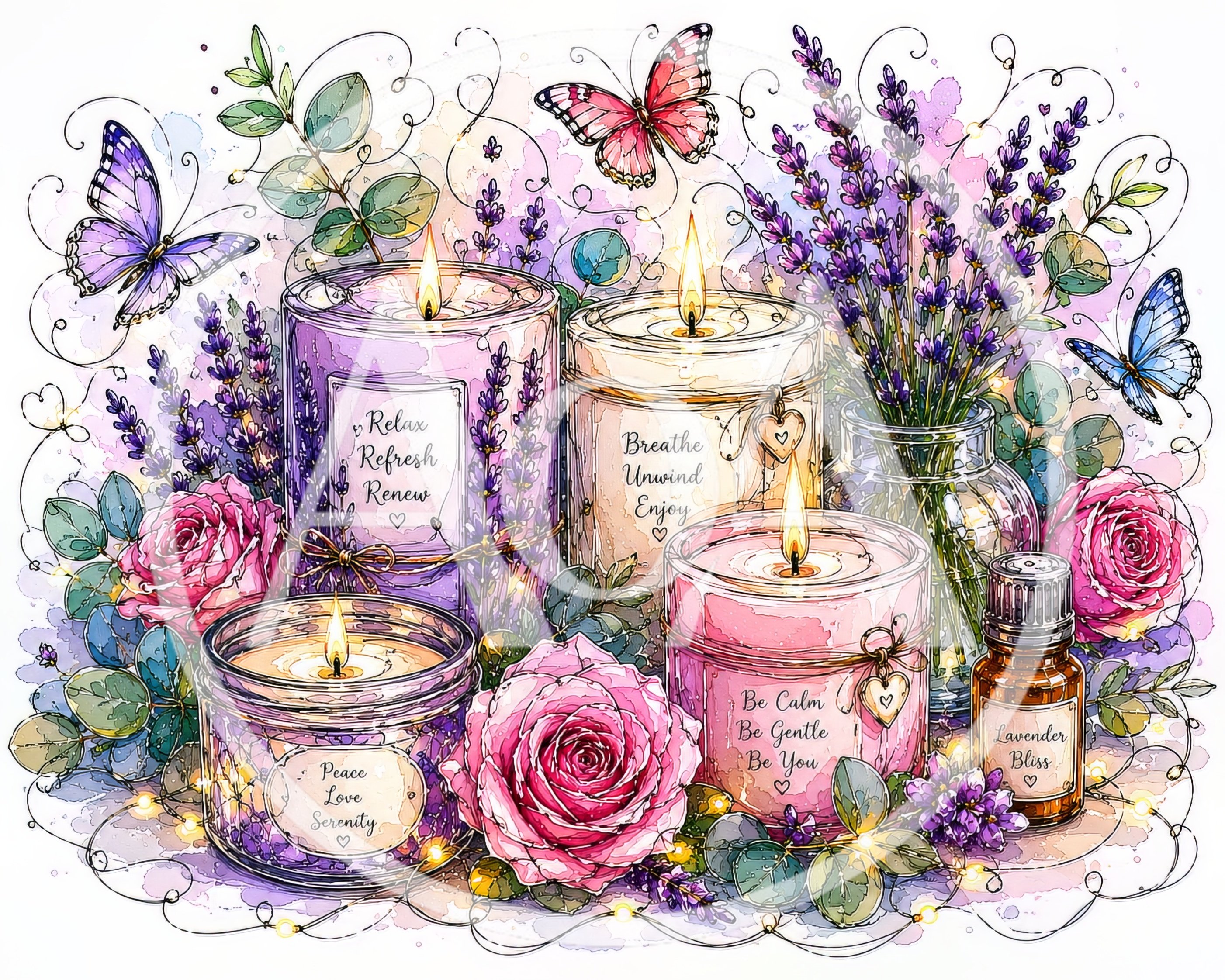 Watercolor Illustration of Aromatherapy Candles and Lavender Flowers