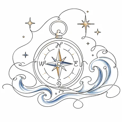 Minimalist Compass And Ocean Wave Line Art Illustration