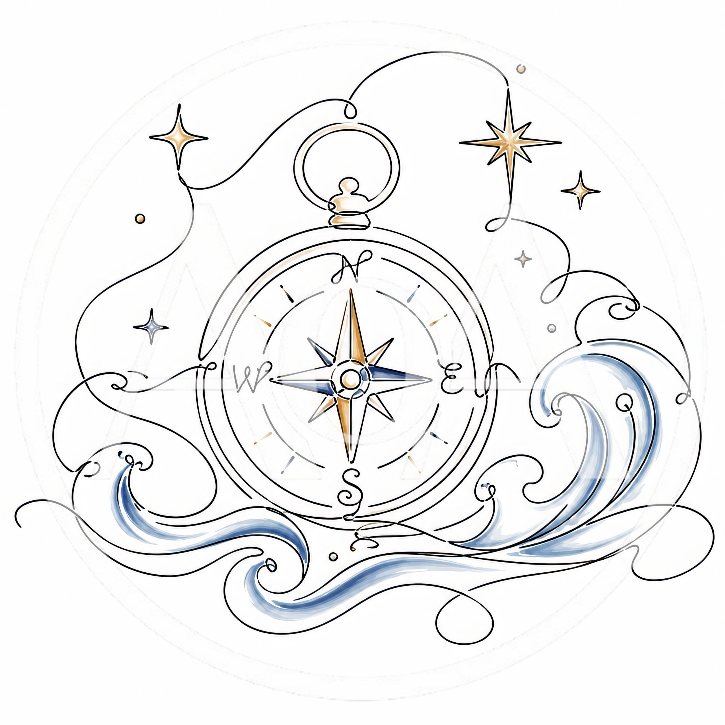 Minimalist Compass And Ocean Wave Line Art Illustration