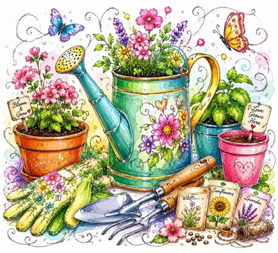 Watercolor Illustration Of Gardening Tools And Potted Flowers
