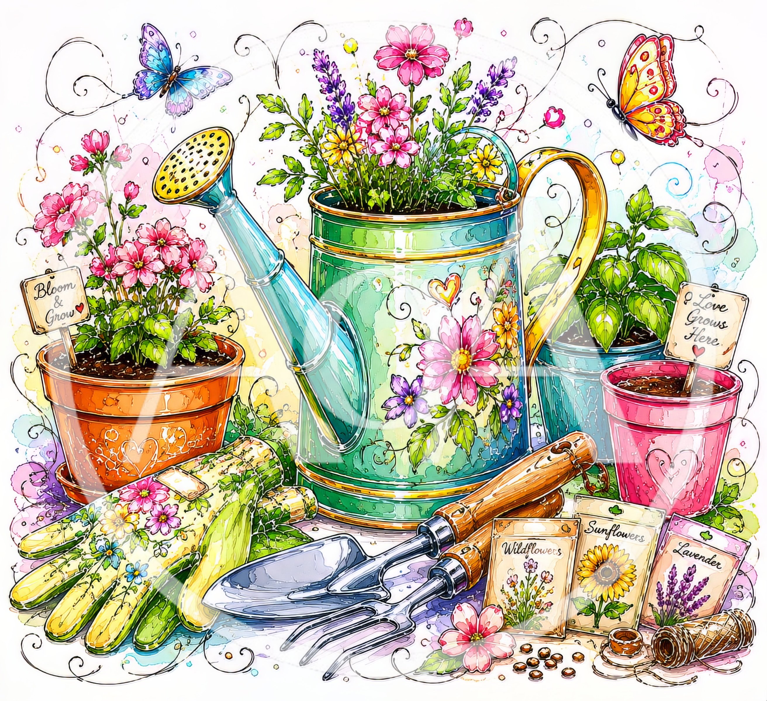 Watercolor Illustration Of Gardening Tools And Potted Flowers