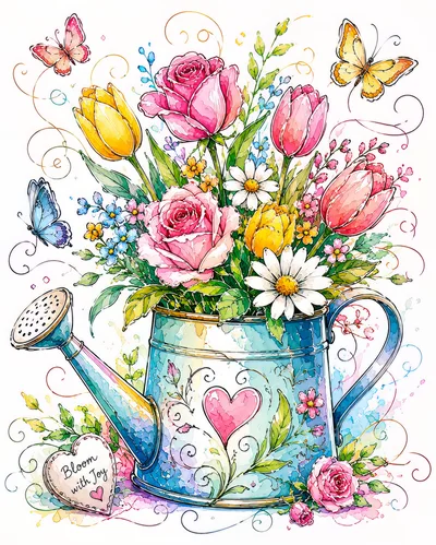 Watercolor Illustration of Flowers in a Watering Can