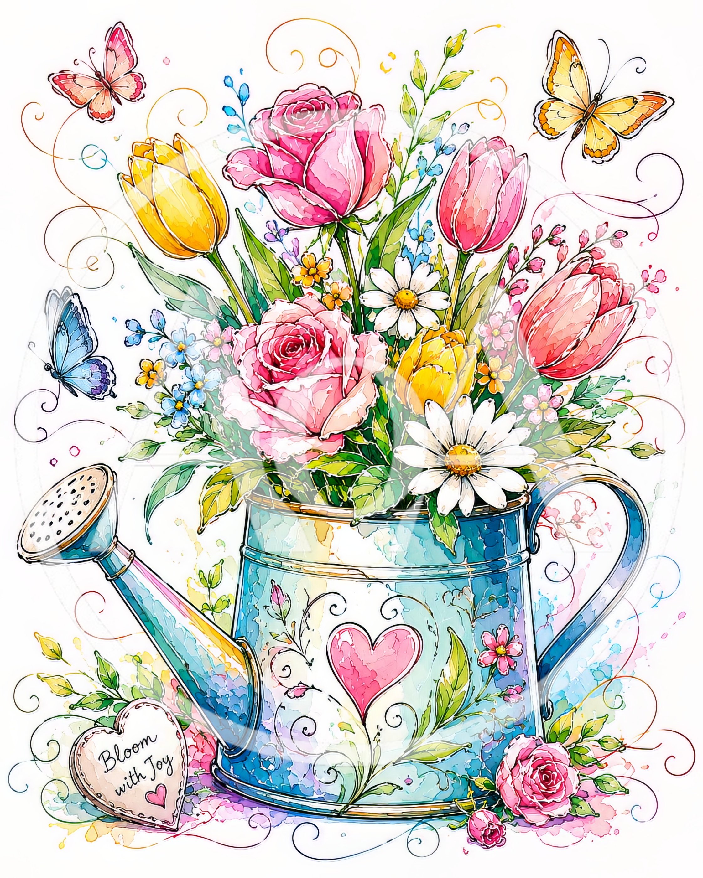 Watercolor Illustration of Flowers in a Watering Can