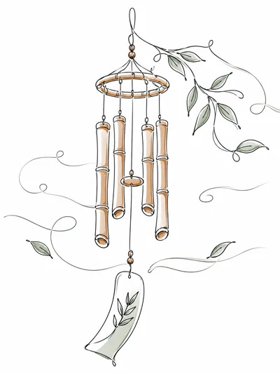 Minimalist Line Art Illustration Of Bamboo Wind Chimes
