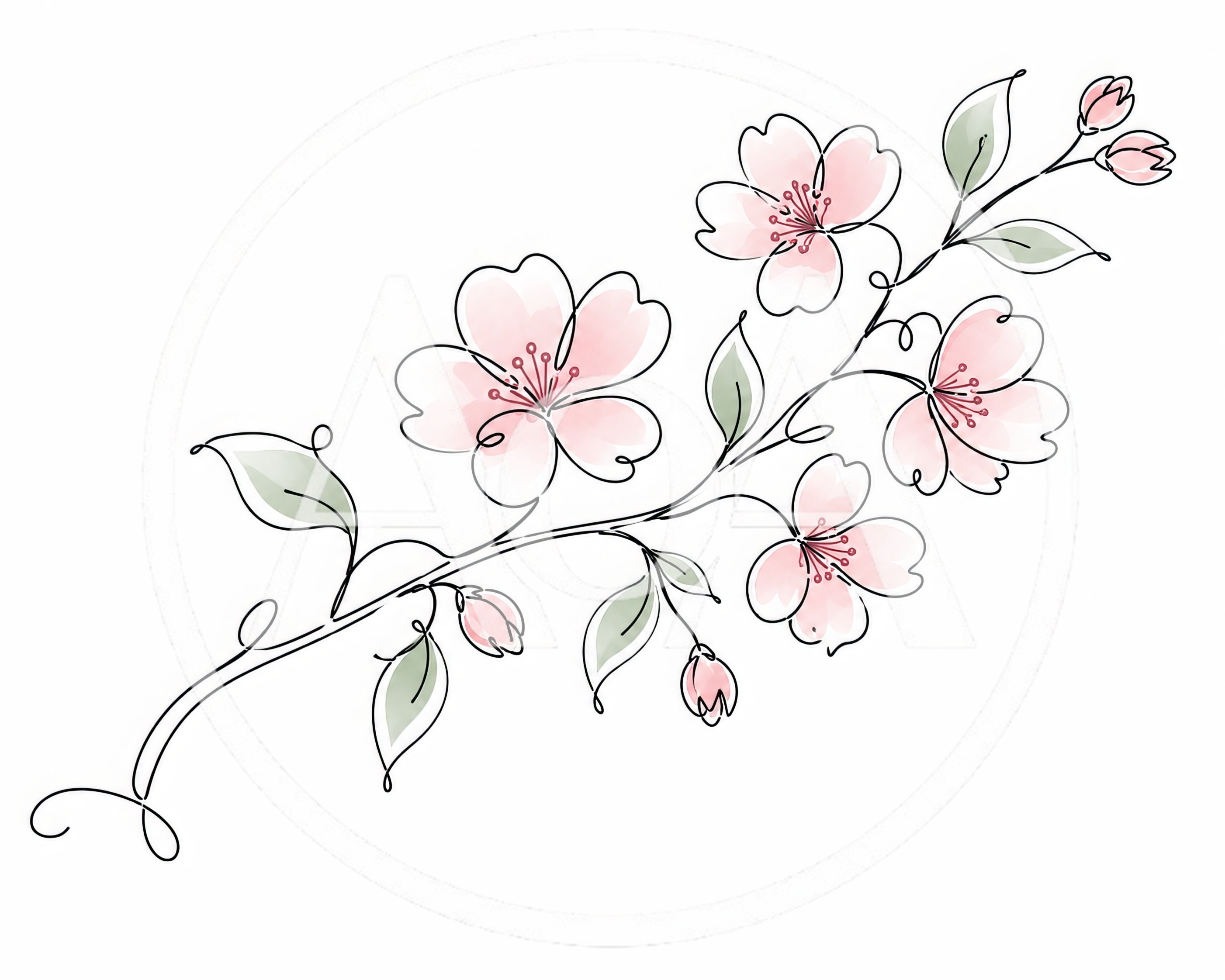 Minimalist Line Art Cherry Blossom Branch Illustration