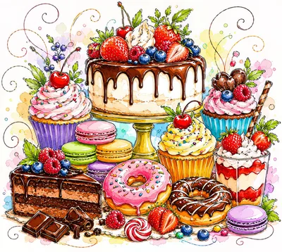 Assorted Gourmet Desserts And Sweets Illustration