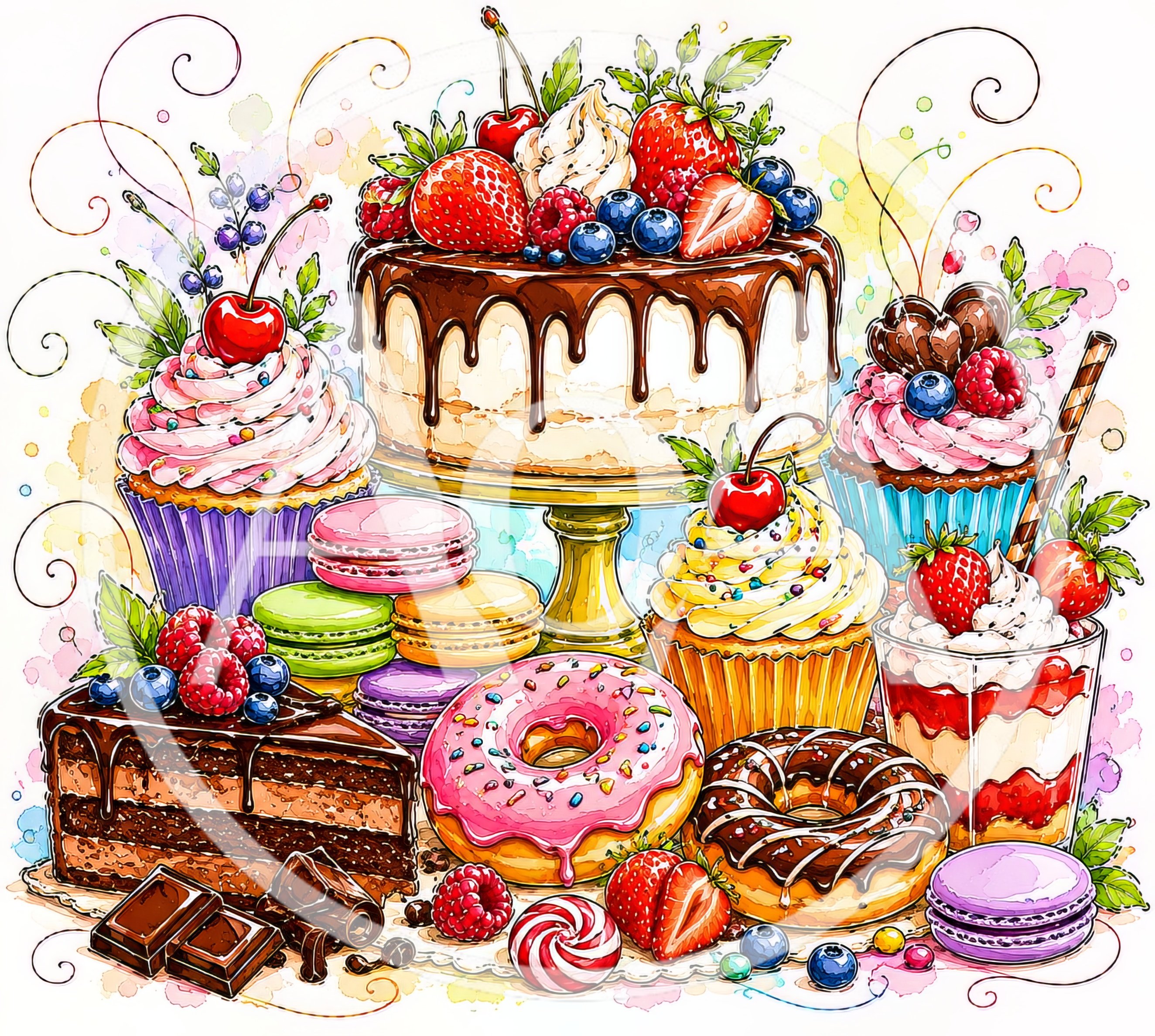 Assorted Gourmet Desserts And Sweets Illustration