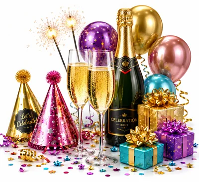 Celebration Champagne Bottle With Gifts And Party Hats