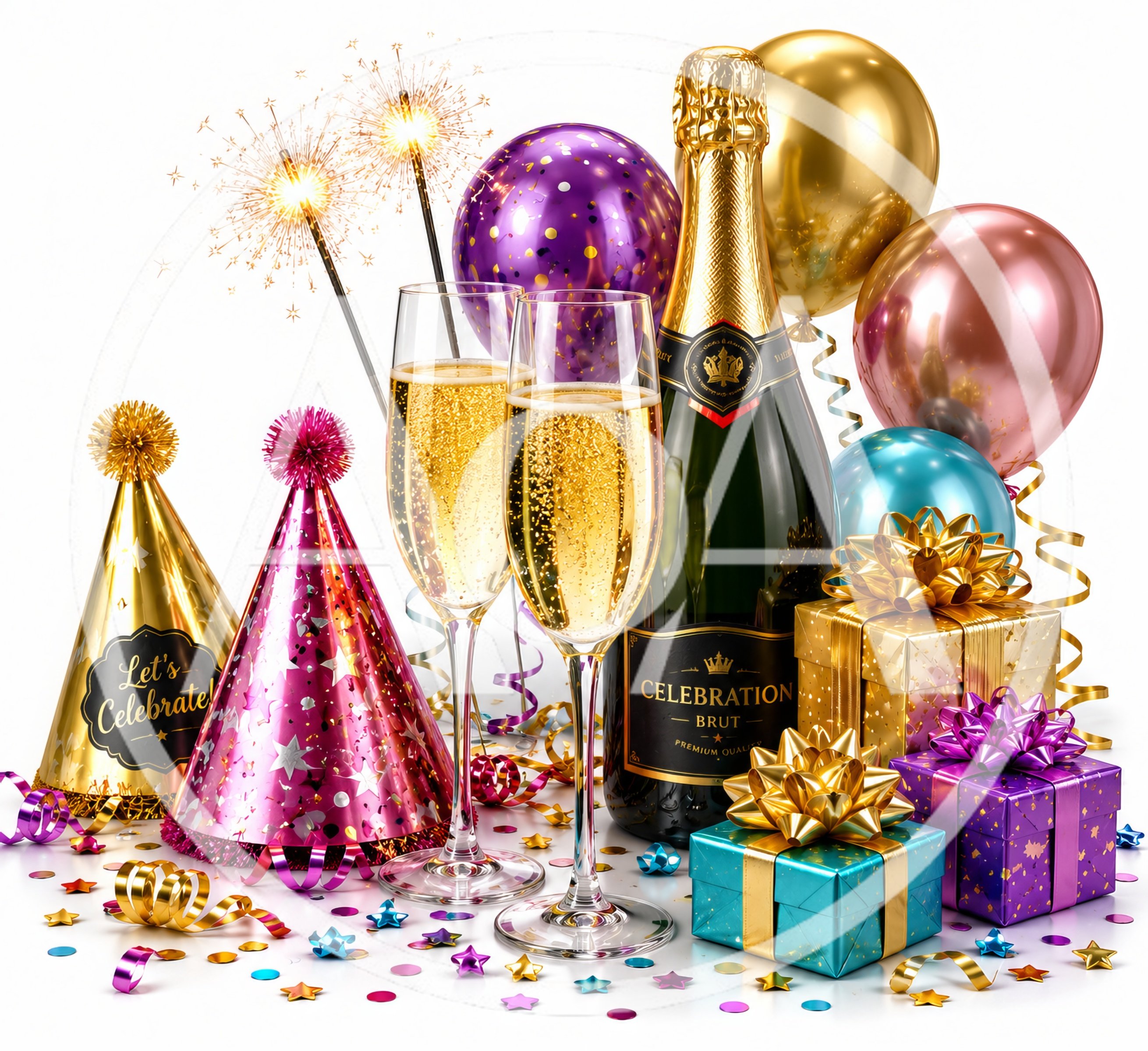 Celebration Champagne Bottle With Gifts And Party Hats
