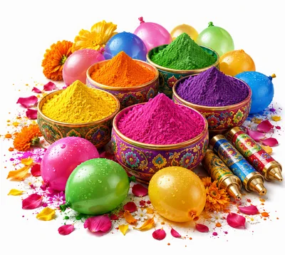 Holi Festival Celebration With Colorful Powders And Balloons