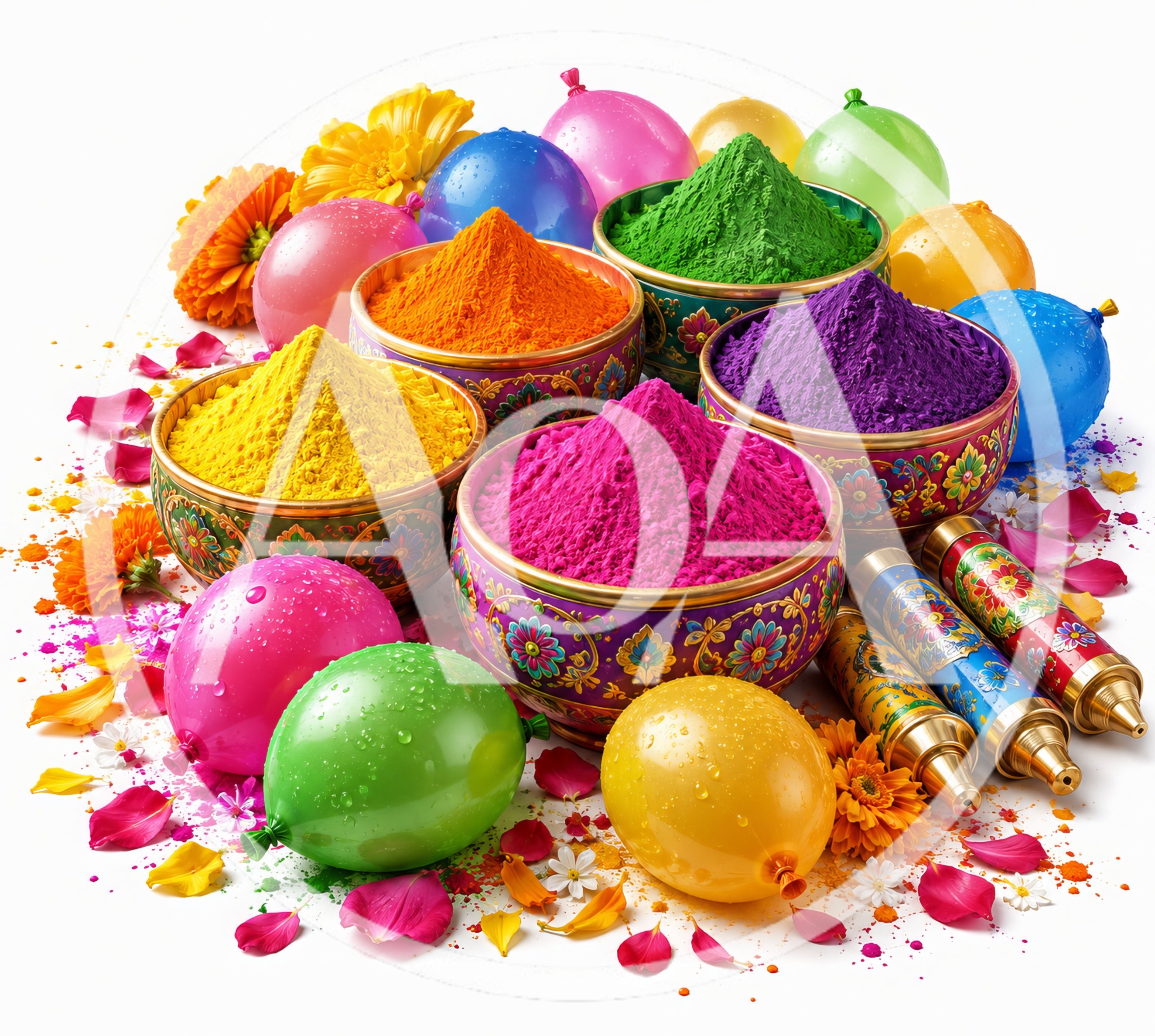 Holi Festival Celebration With Colorful Powders And Balloons